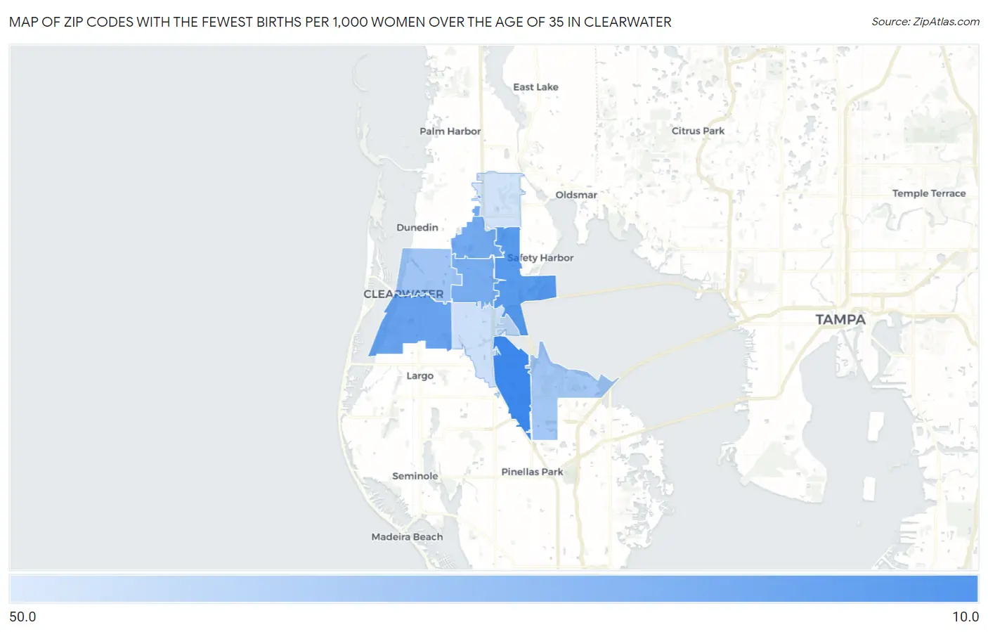 Zip Codes with the Fewest Births per 1,000 Women Over the Age of 35 in Clearwater Map