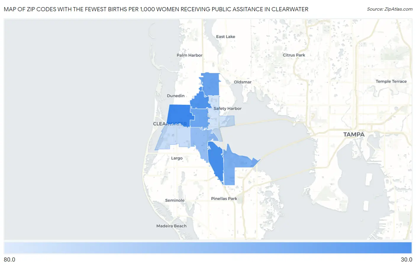Zip Codes with the Fewest Births per 1,000 Women Receiving Public Assitance in Clearwater Map