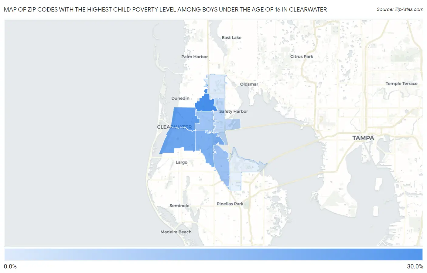 Zip Codes with the Highest Child Poverty Level Among Boys Under the Age of 16 in Clearwater Map