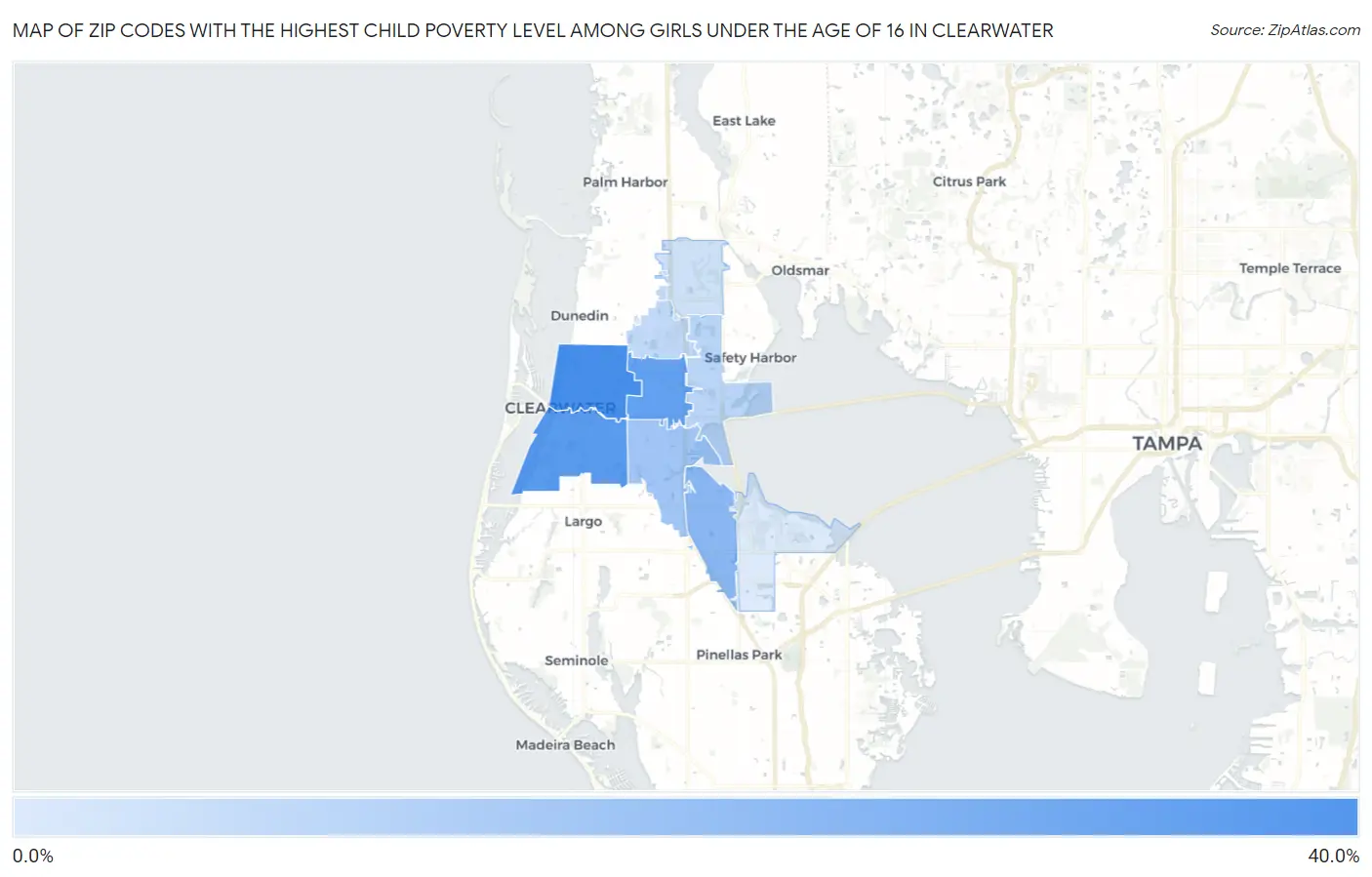 Zip Codes with the Highest Child Poverty Level Among Girls Under the Age of 16 in Clearwater Map
