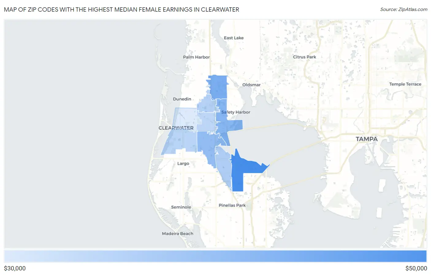 Zip Codes with the Highest Median Female Earnings in Clearwater Map