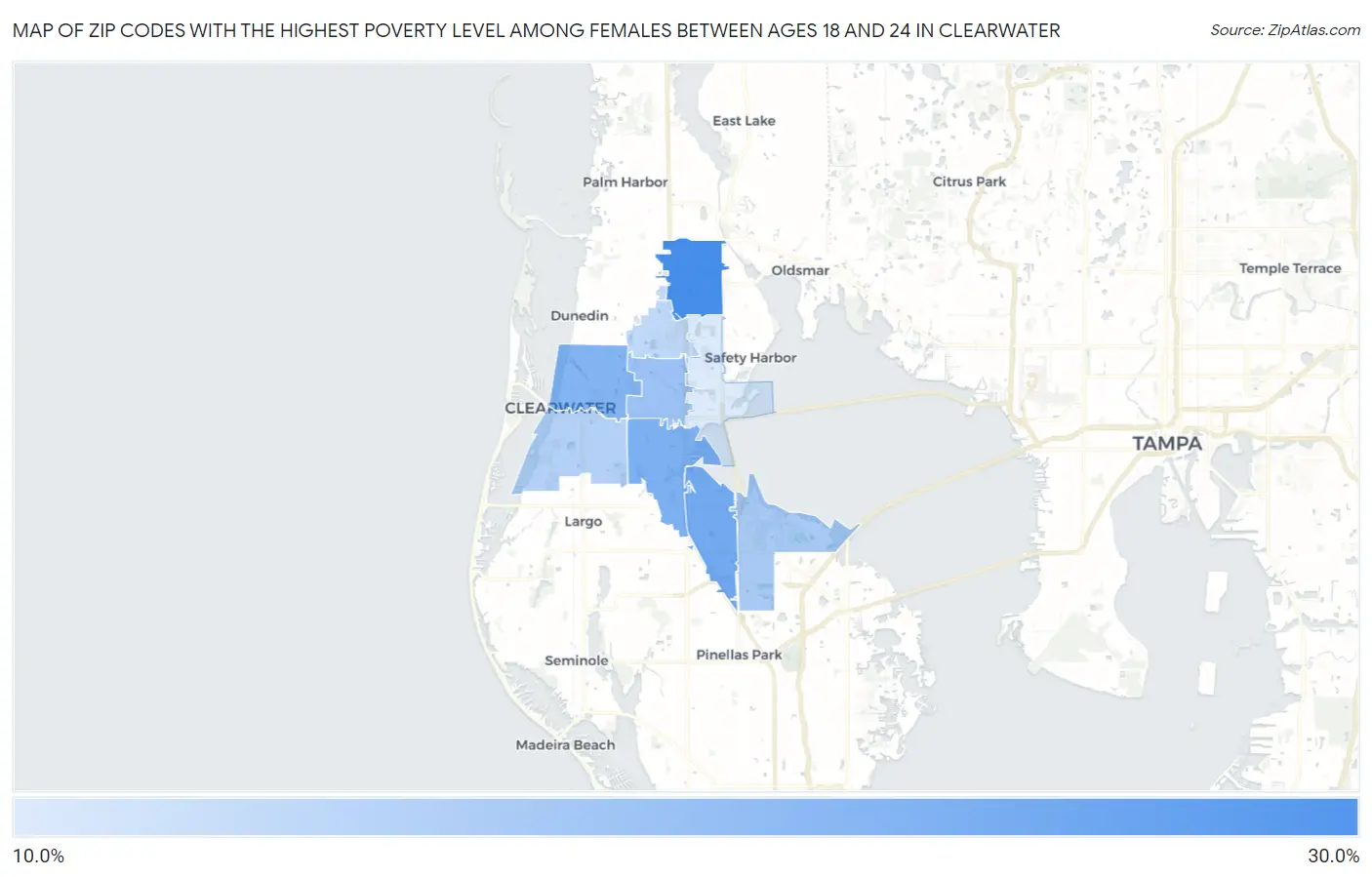 Zip Codes with the Highest Poverty Level Among Females Between Ages 18 and 24 in Clearwater Map