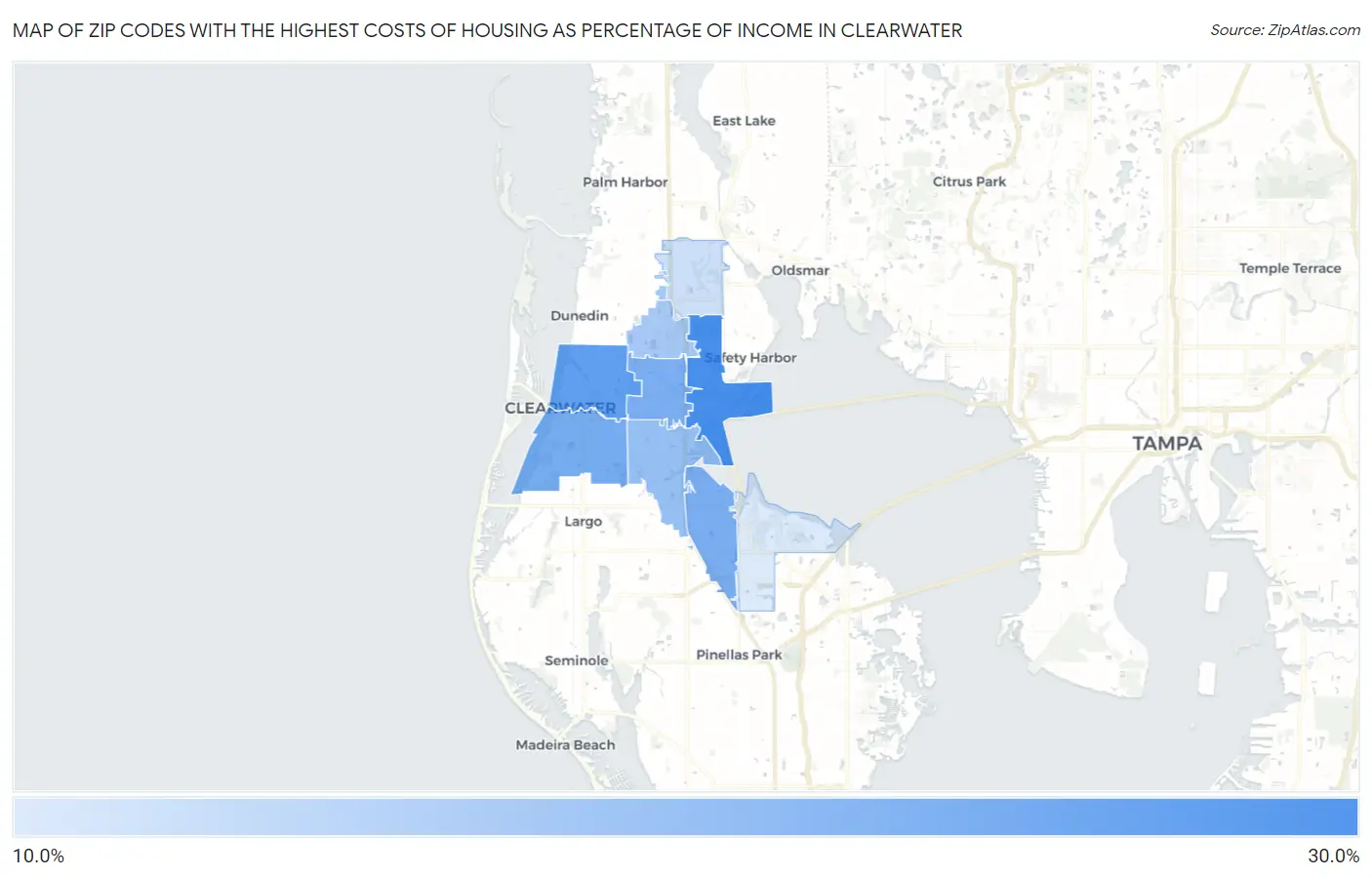 Zip Codes with the Highest Costs of Housing as Percentage of Income in Clearwater Map