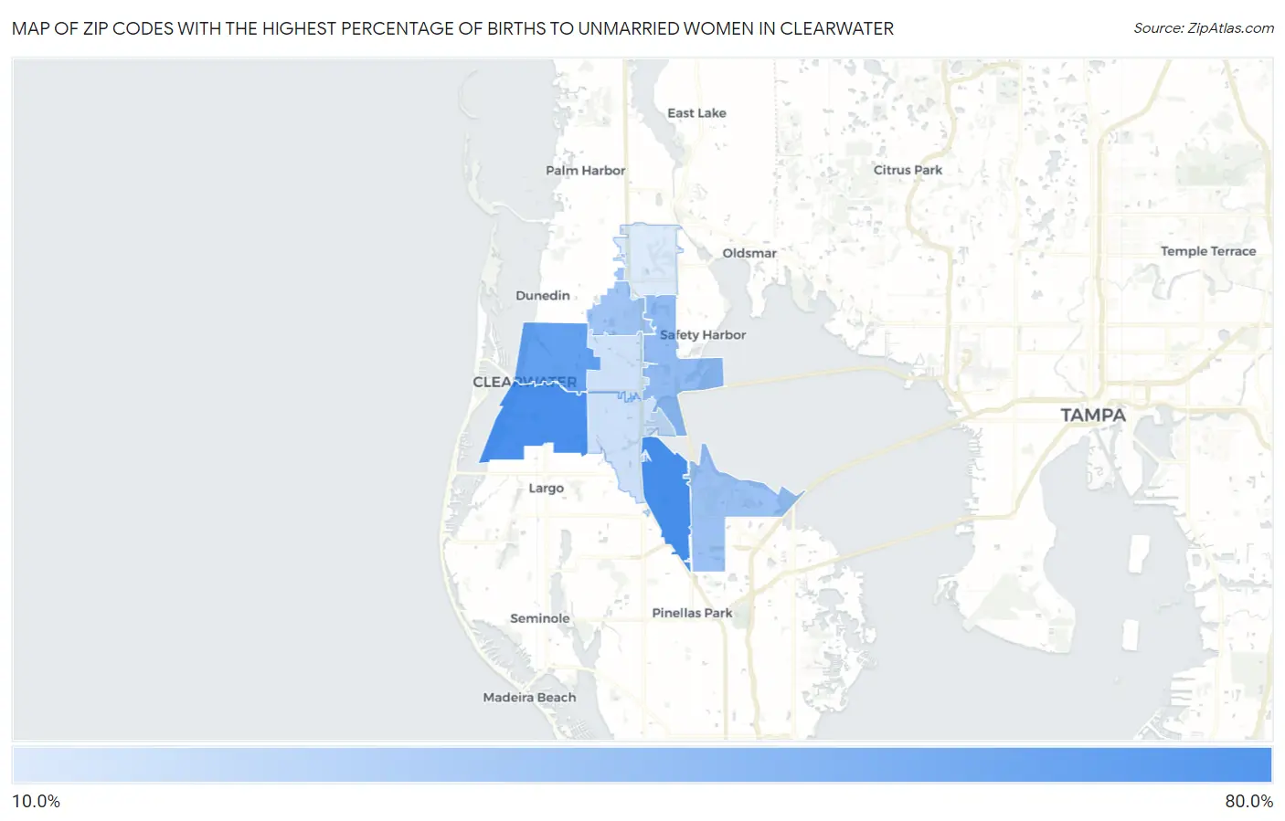 Zip Codes with the Highest Percentage of Births to Unmarried Women in Clearwater Map