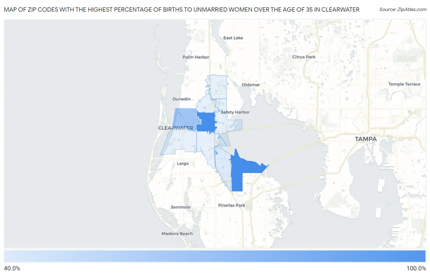 Zip Codes with the Highest Percentage of Births to Unmarried Women over the Age of 35 in Clearwater Map