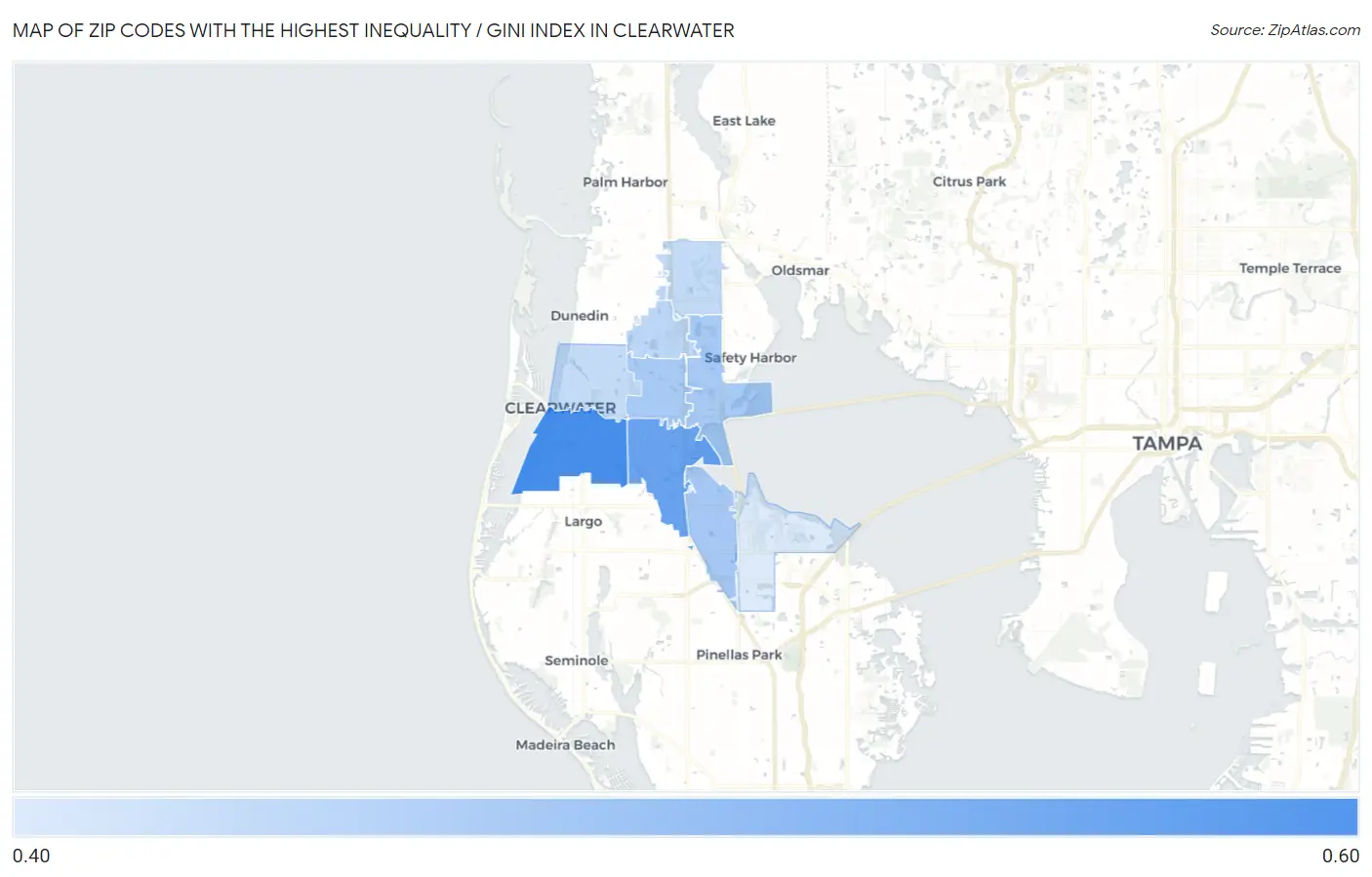 Zip Codes with the Highest Inequality / Gini Index in Clearwater Map