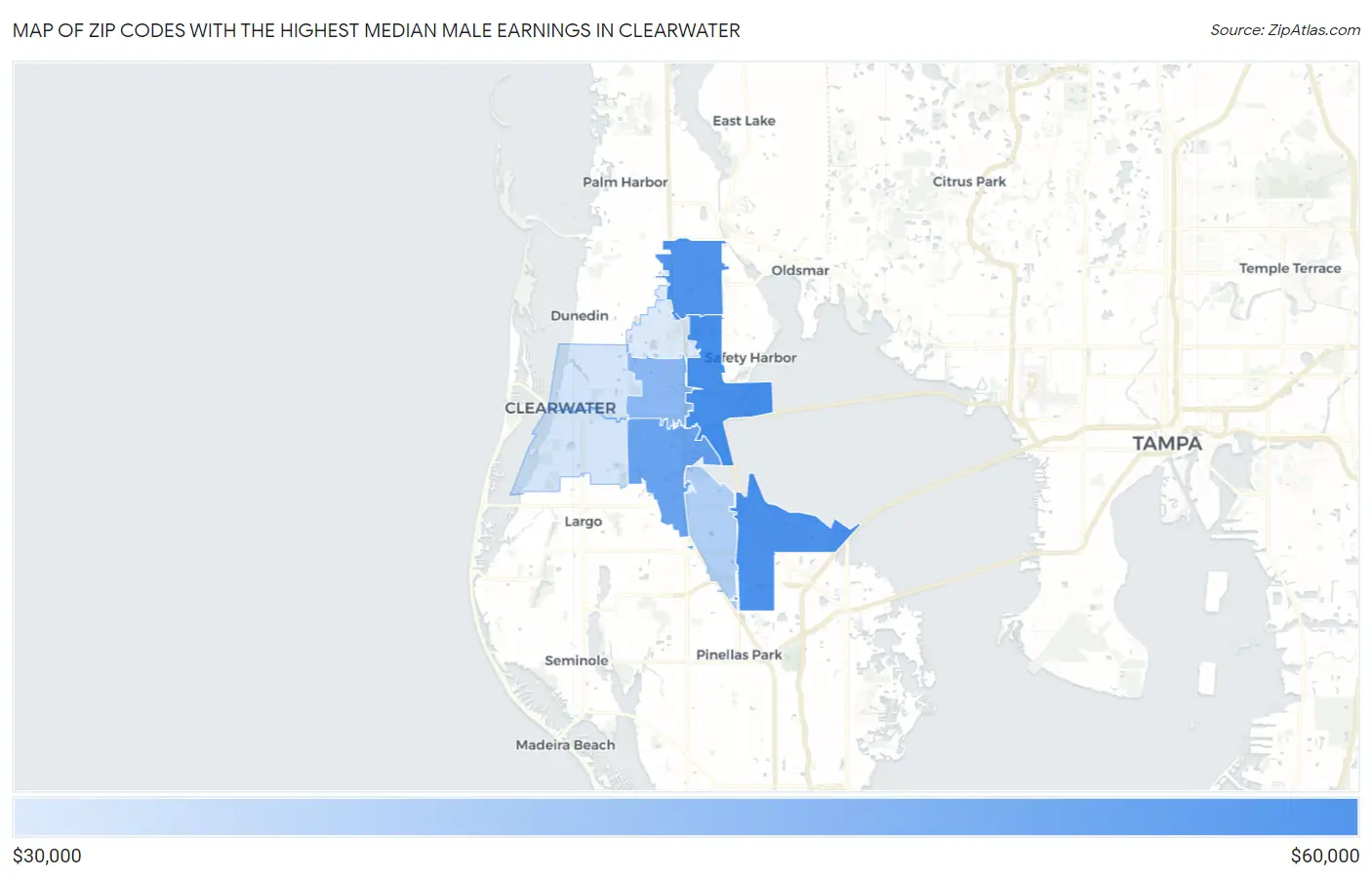 Zip Codes with the Highest Median Male Earnings in Clearwater Map