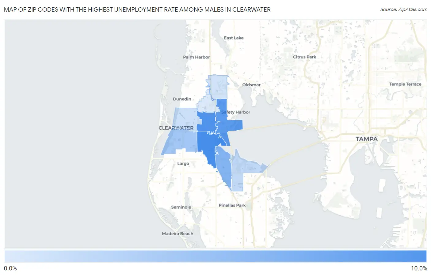 Zip Codes with the Highest Unemployment Rate Among Males in Clearwater Map