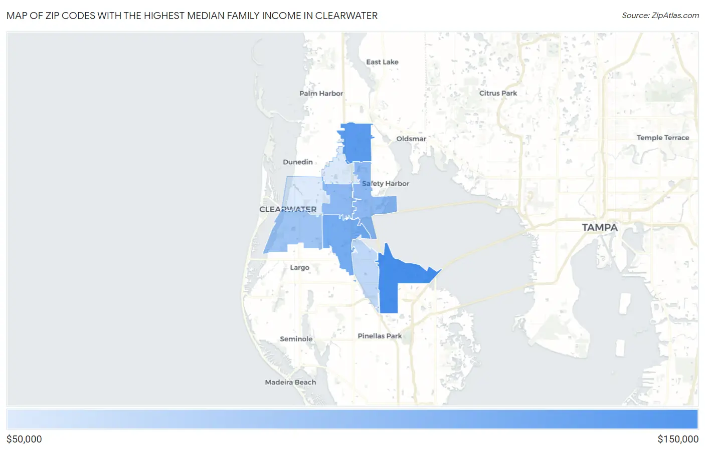 Zip Codes with the Highest Median Family Income in Clearwater Map