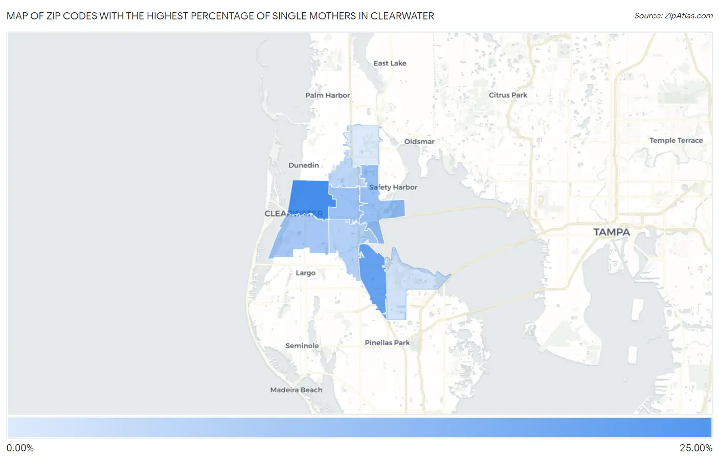 Zip Codes with the Highest Percentage of Single Mothers in Clearwater Map