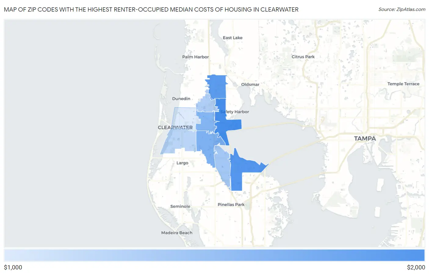 Zip Codes with the Highest Renter-Occupied Median Costs of Housing in Clearwater Map