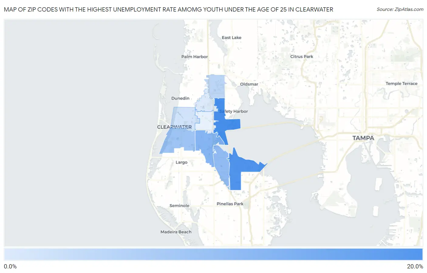 Zip Codes with the Highest Unemployment Rate Amomg Youth Under the Age of 25 in Clearwater Map