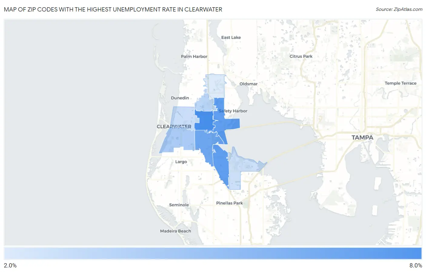 Zip Codes with the Highest Unemployment Rate in Clearwater Map