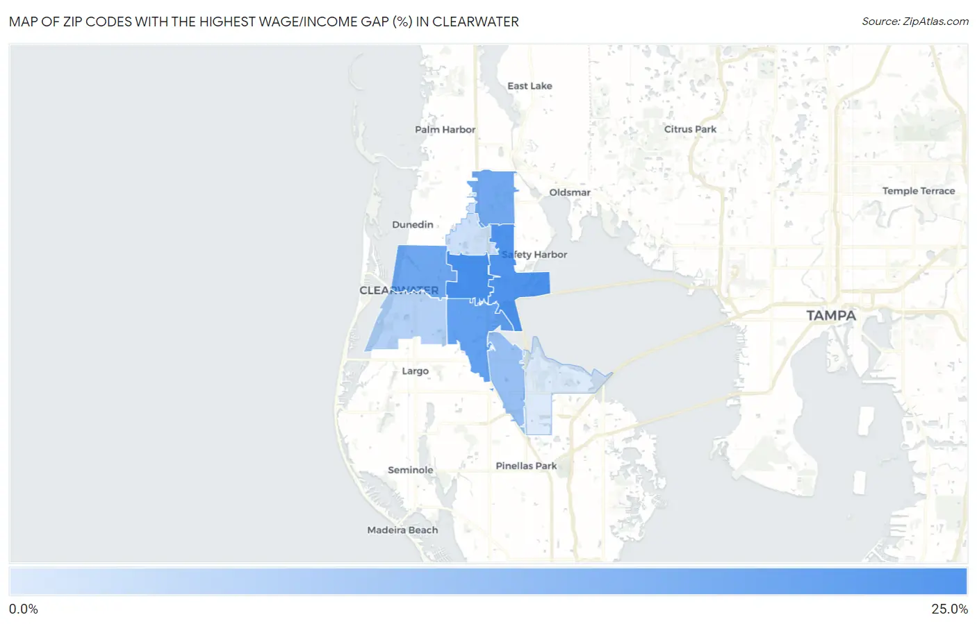 Zip Codes with the Highest Wage/Income Gap (%) in Clearwater Map