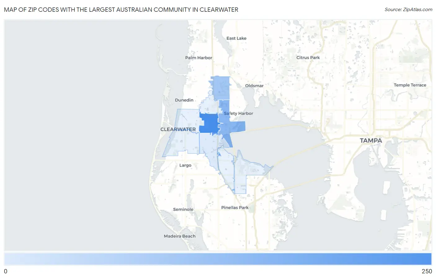 Zip Codes with the Largest Australian Community in Clearwater Map