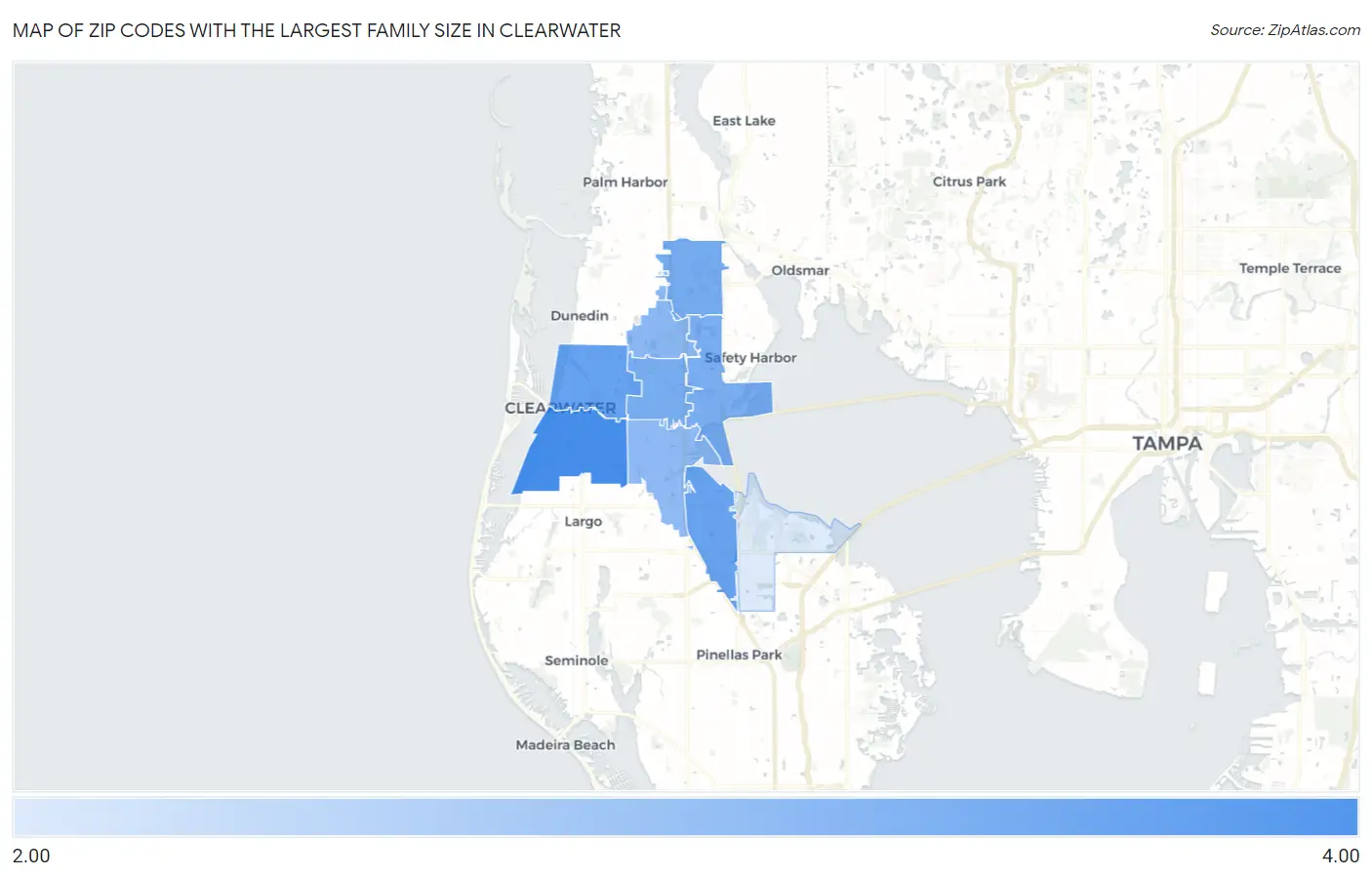 Zip Codes with the Largest Family Size in Clearwater Map