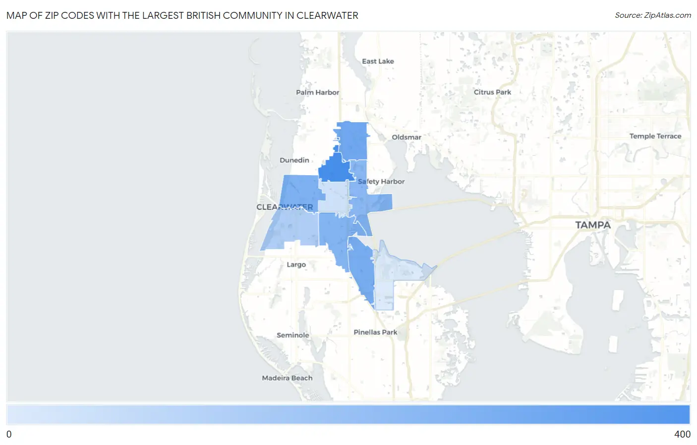 Zip Codes with the Largest British Community in Clearwater Map