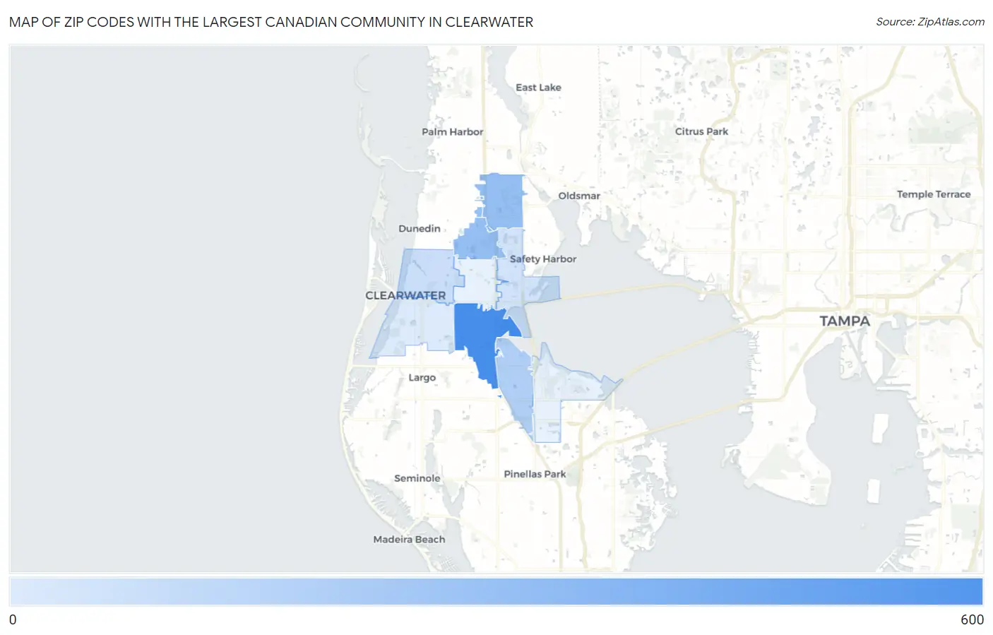 Zip Codes with the Largest Canadian Community in Clearwater Map