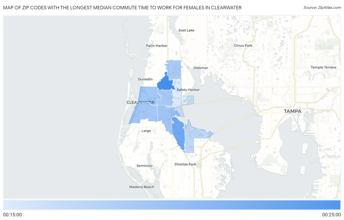 Zip Codes with the Longest Median Commute Time to Work for Females in Clearwater Map