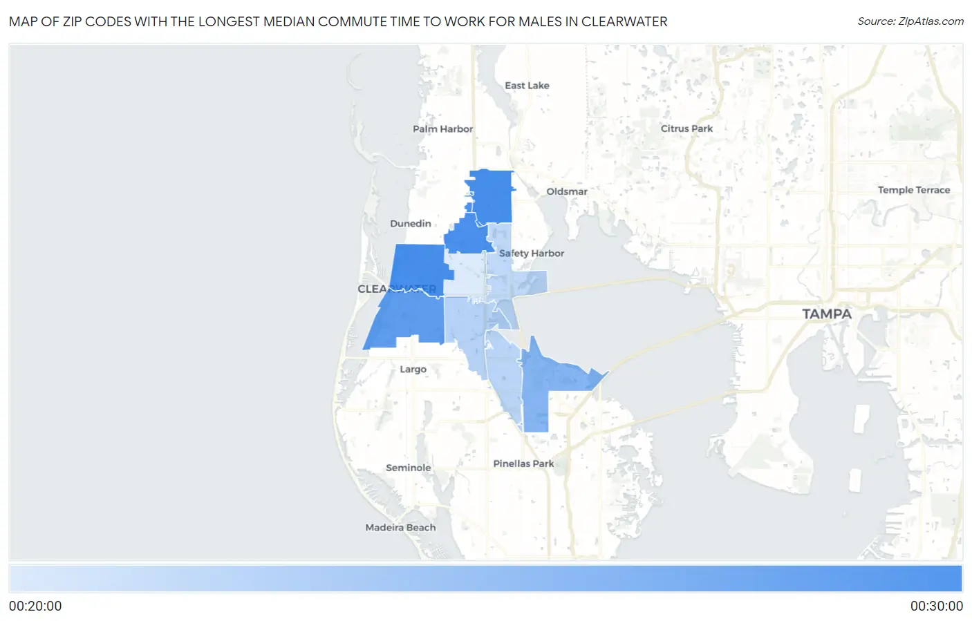 Zip Codes with the Longest Median Commute Time to Work for Males in Clearwater Map