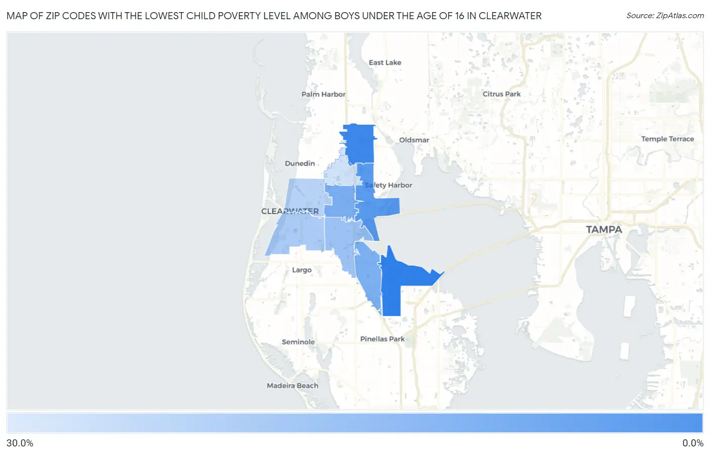 Zip Codes with the Lowest Child Poverty Level Among Boys Under the Age of 16 in Clearwater Map