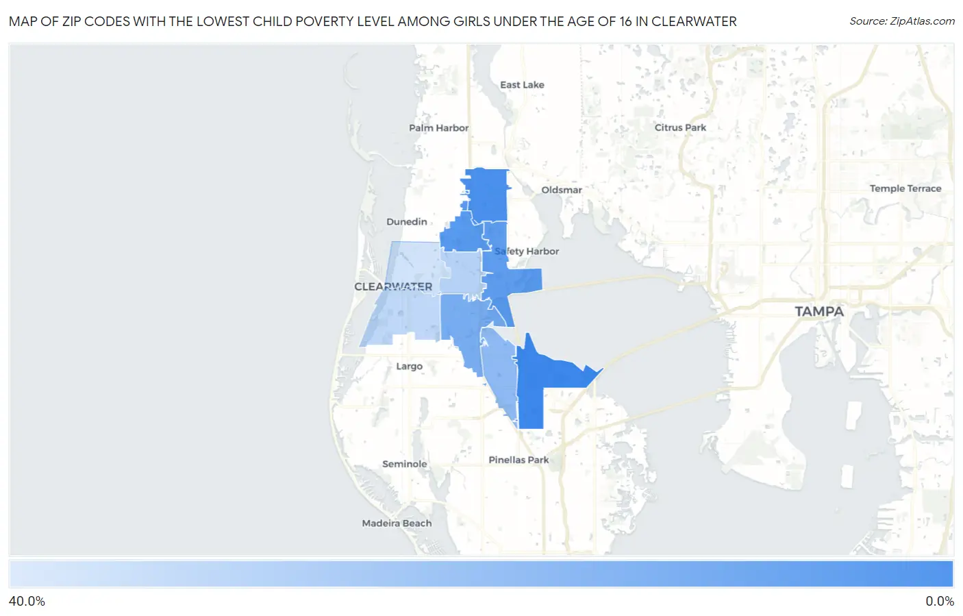 Zip Codes with the Lowest Child Poverty Level Among Girls Under the Age of 16 in Clearwater Map
