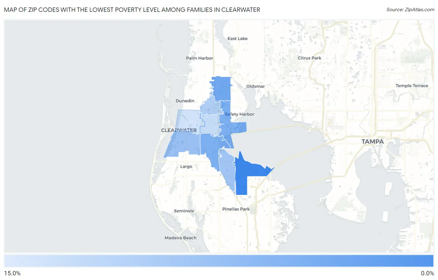 Zip Codes with the Lowest Poverty Level Among Families in Clearwater Map