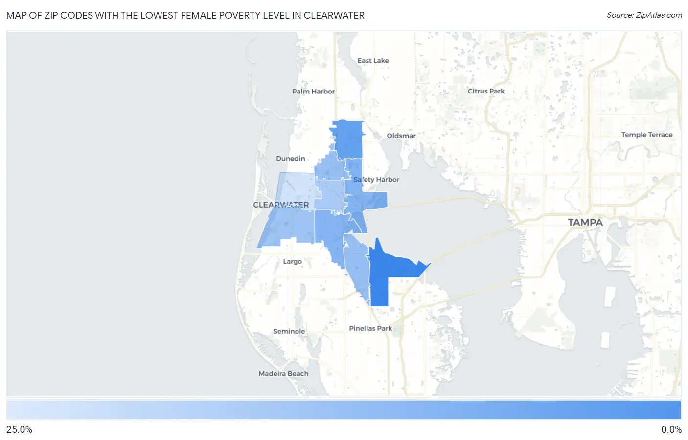 Zip Codes with the Lowest Female Poverty Level in Clearwater Map
