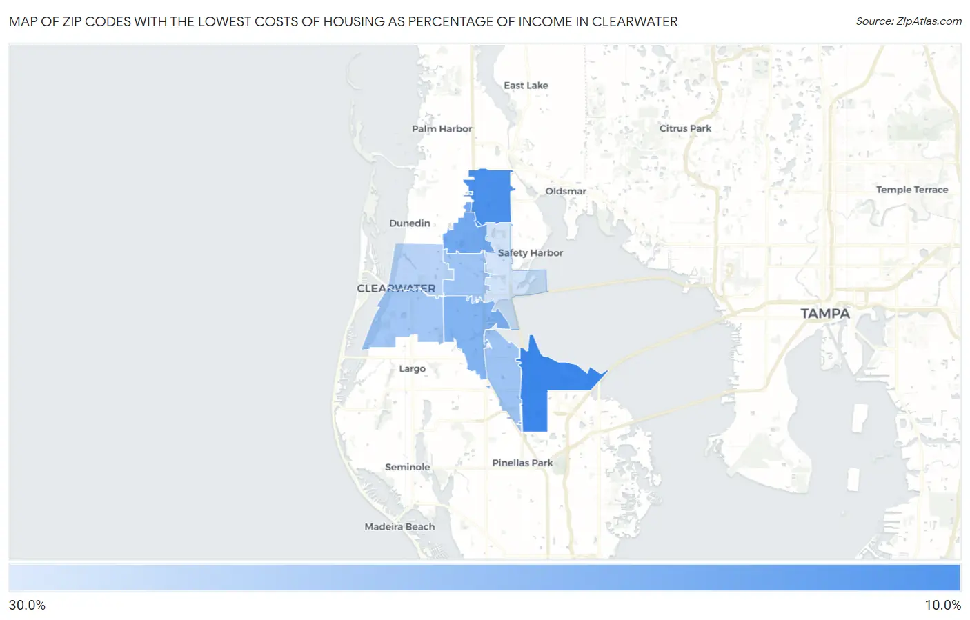 Zip Codes with the Lowest Costs of Housing as Percentage of Income in Clearwater Map
