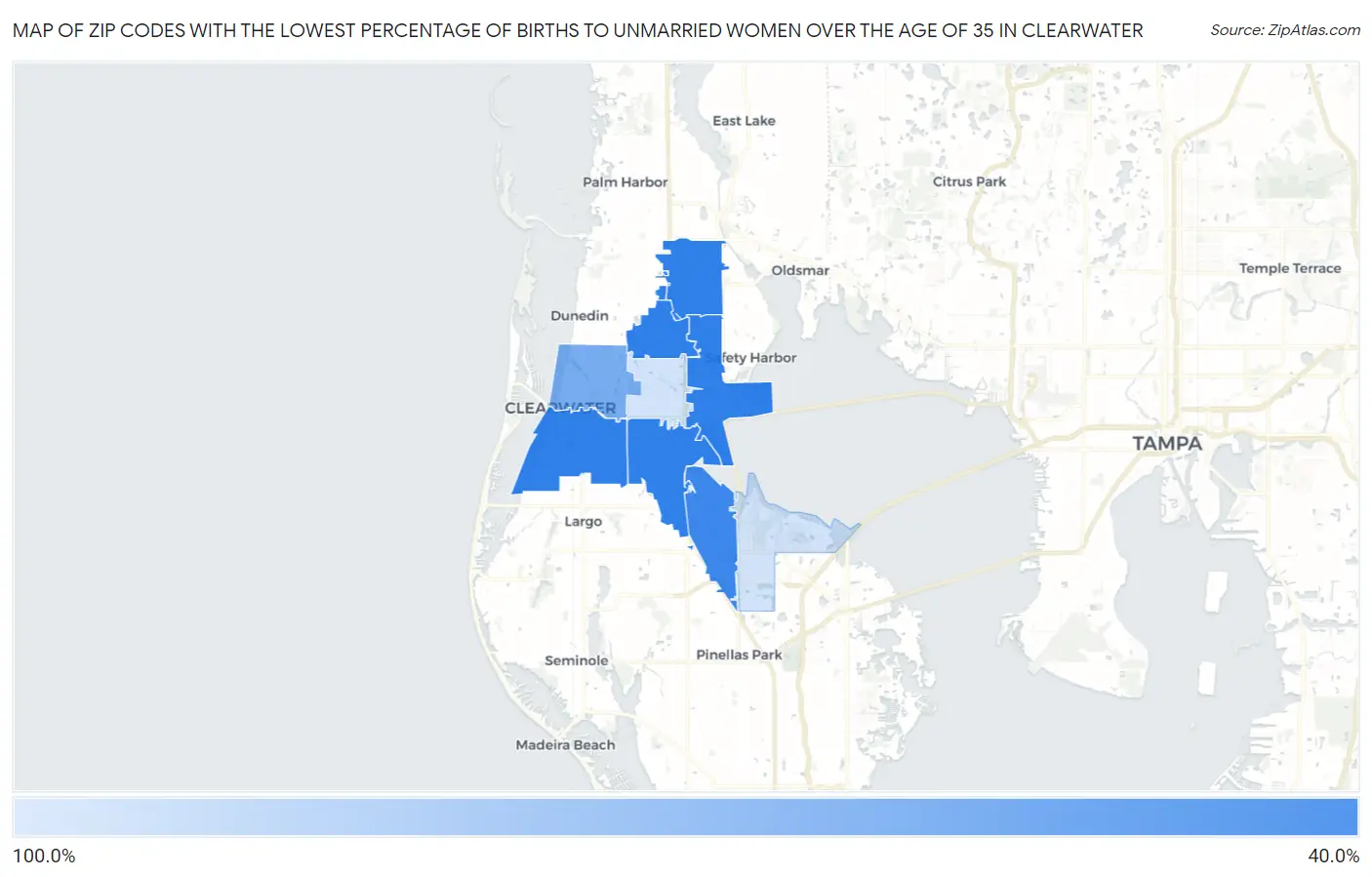 Zip Codes with the Lowest Percentage of Births to Unmarried Women over the Age of 35 in Clearwater Map