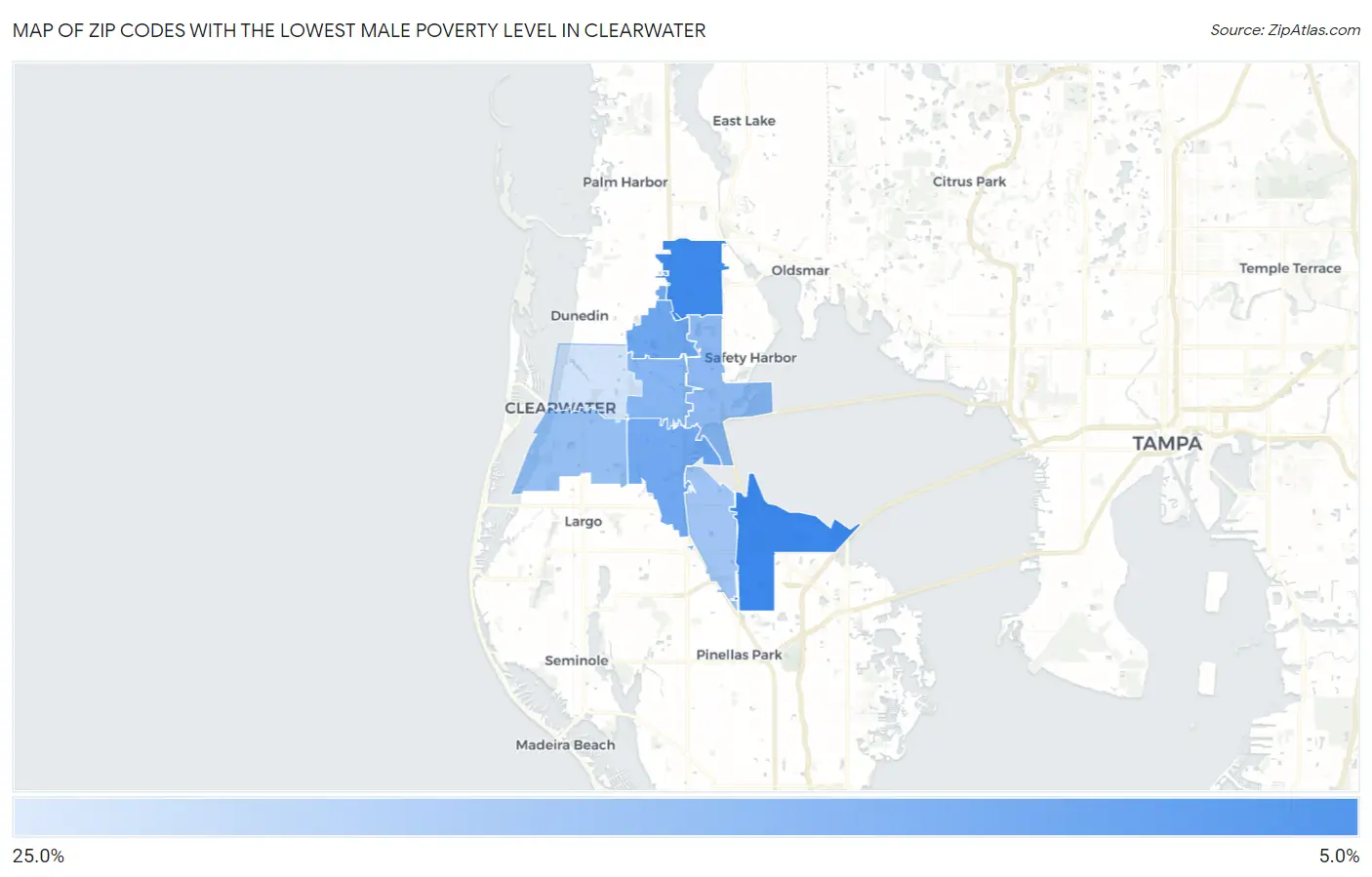 Zip Codes with the Lowest Male Poverty Level in Clearwater Map