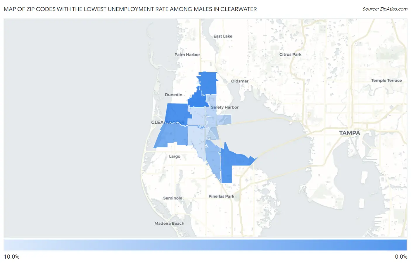 Zip Codes with the Lowest Unemployment Rate Among Males in Clearwater Map
