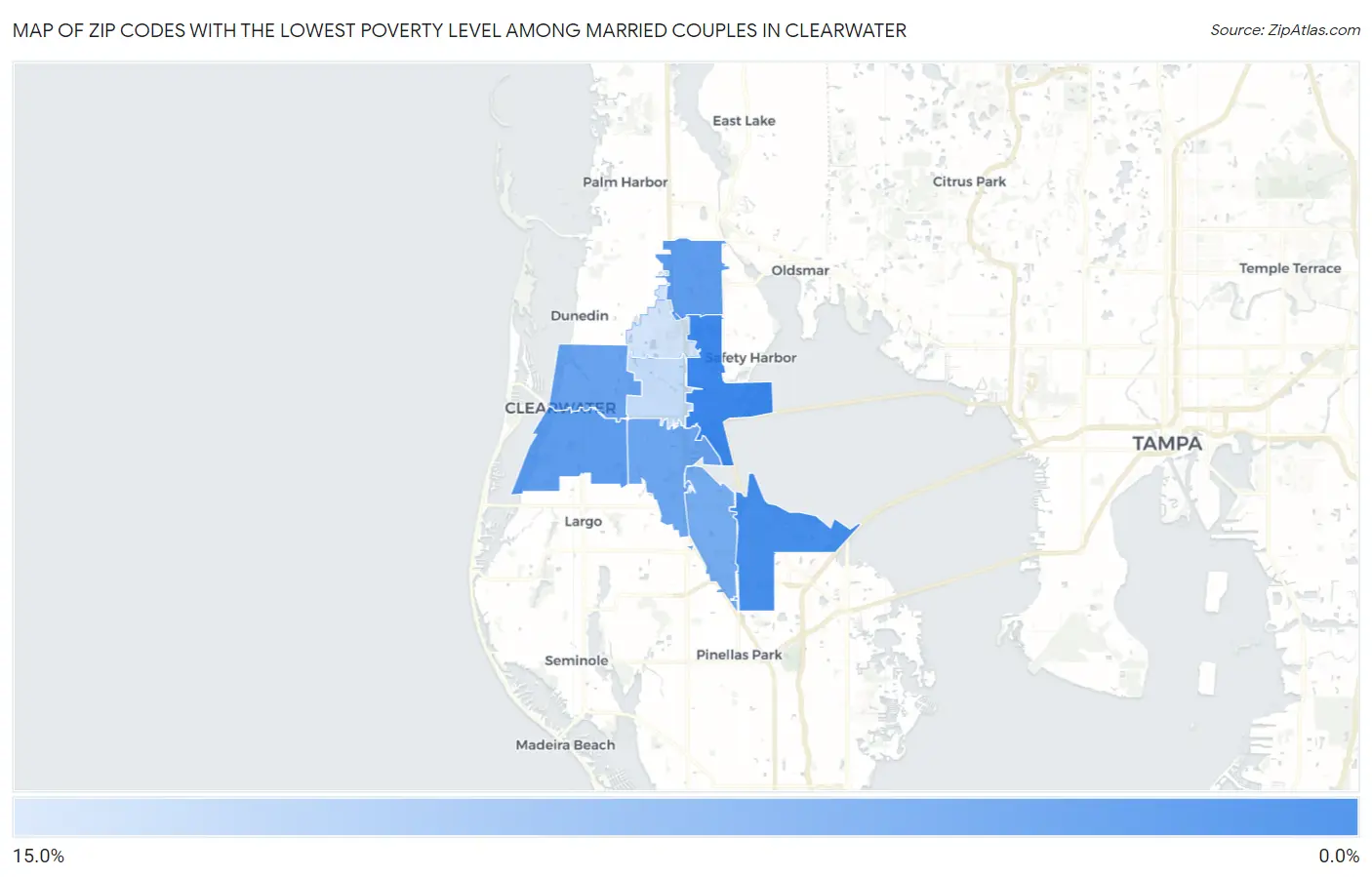 Zip Codes with the Lowest Poverty Level Among Married Couples in Clearwater Map