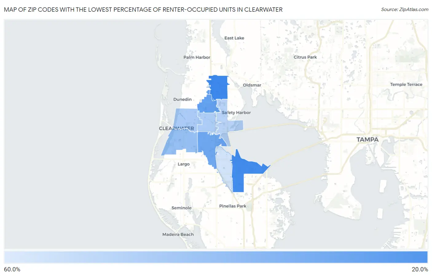 Zip Codes with the Lowest Percentage of Renter-Occupied Units in Clearwater Map