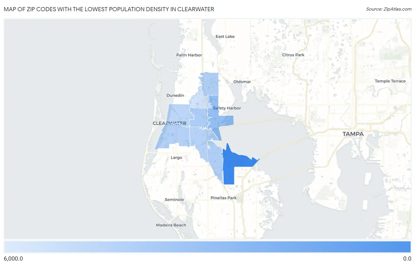Zip Codes with the Lowest Population Density in Clearwater Map