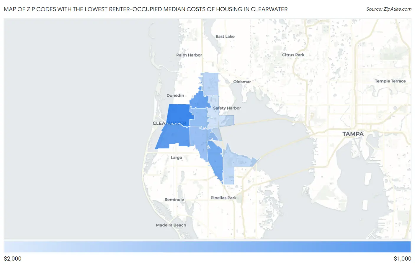 Zip Codes with the Lowest Renter-Occupied Median Costs of Housing in Clearwater Map