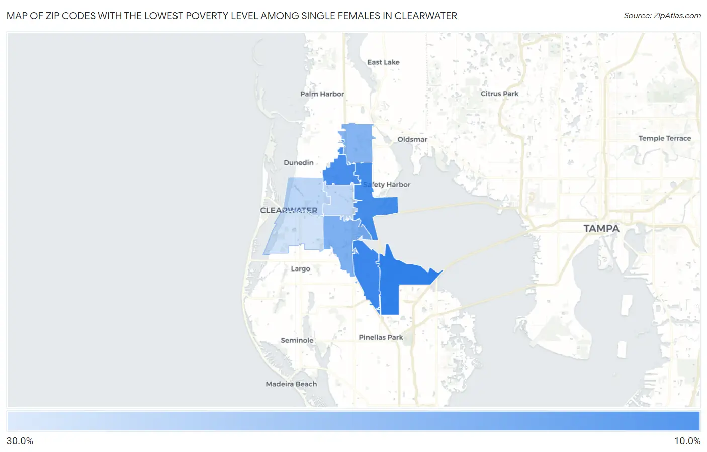 Zip Codes with the Lowest Poverty Level Among Single Females in Clearwater Map