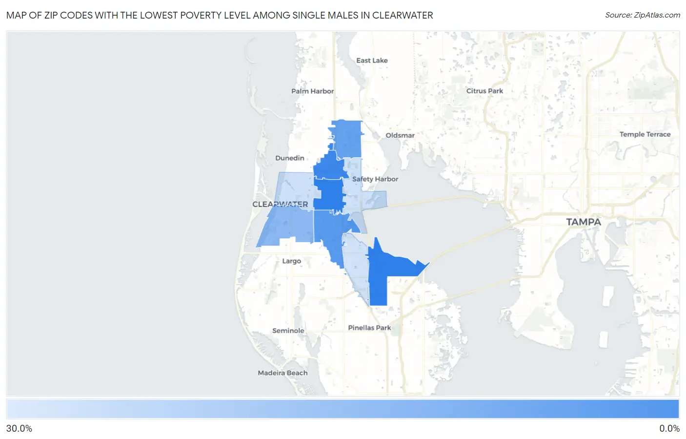 Zip Codes with the Lowest Poverty Level Among Single Males in Clearwater Map