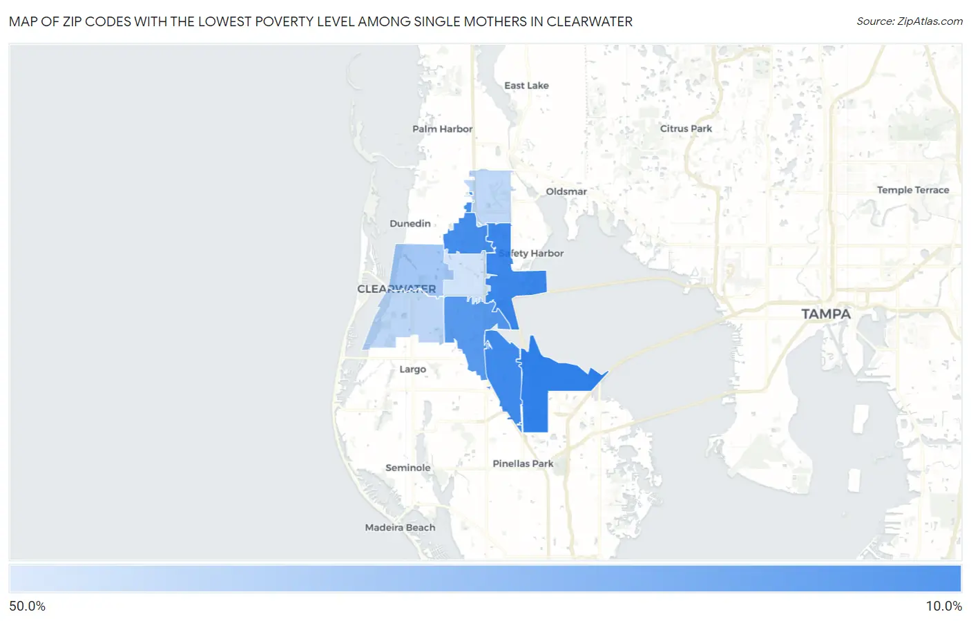 Zip Codes with the Lowest Poverty Level Among Single Mothers in Clearwater Map