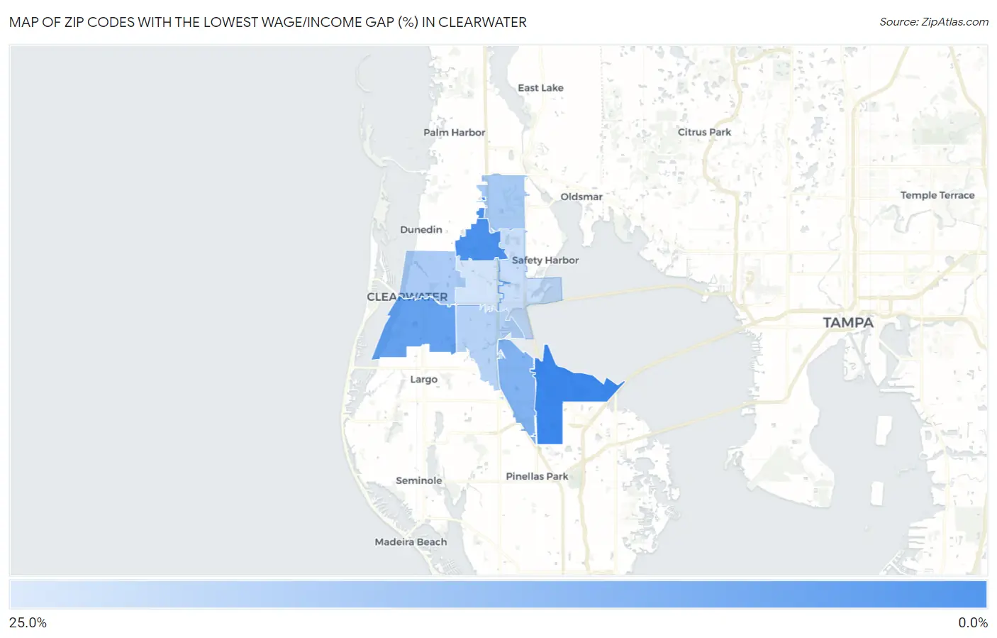 Zip Codes with the Lowest Wage/Income Gap (%) in Clearwater Map