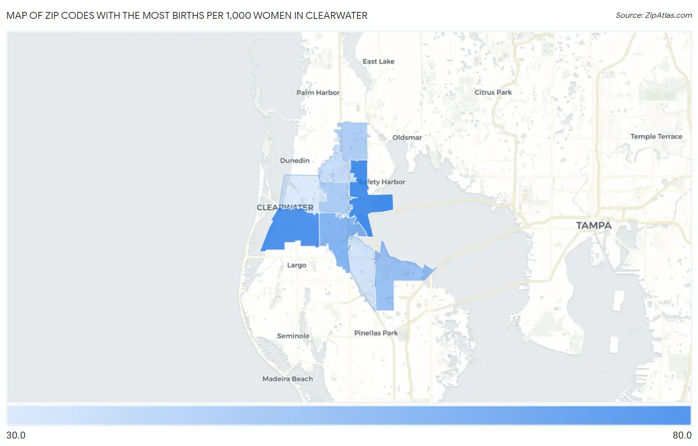 Zip Codes with the Most Births per 1,000 Women in Clearwater Map