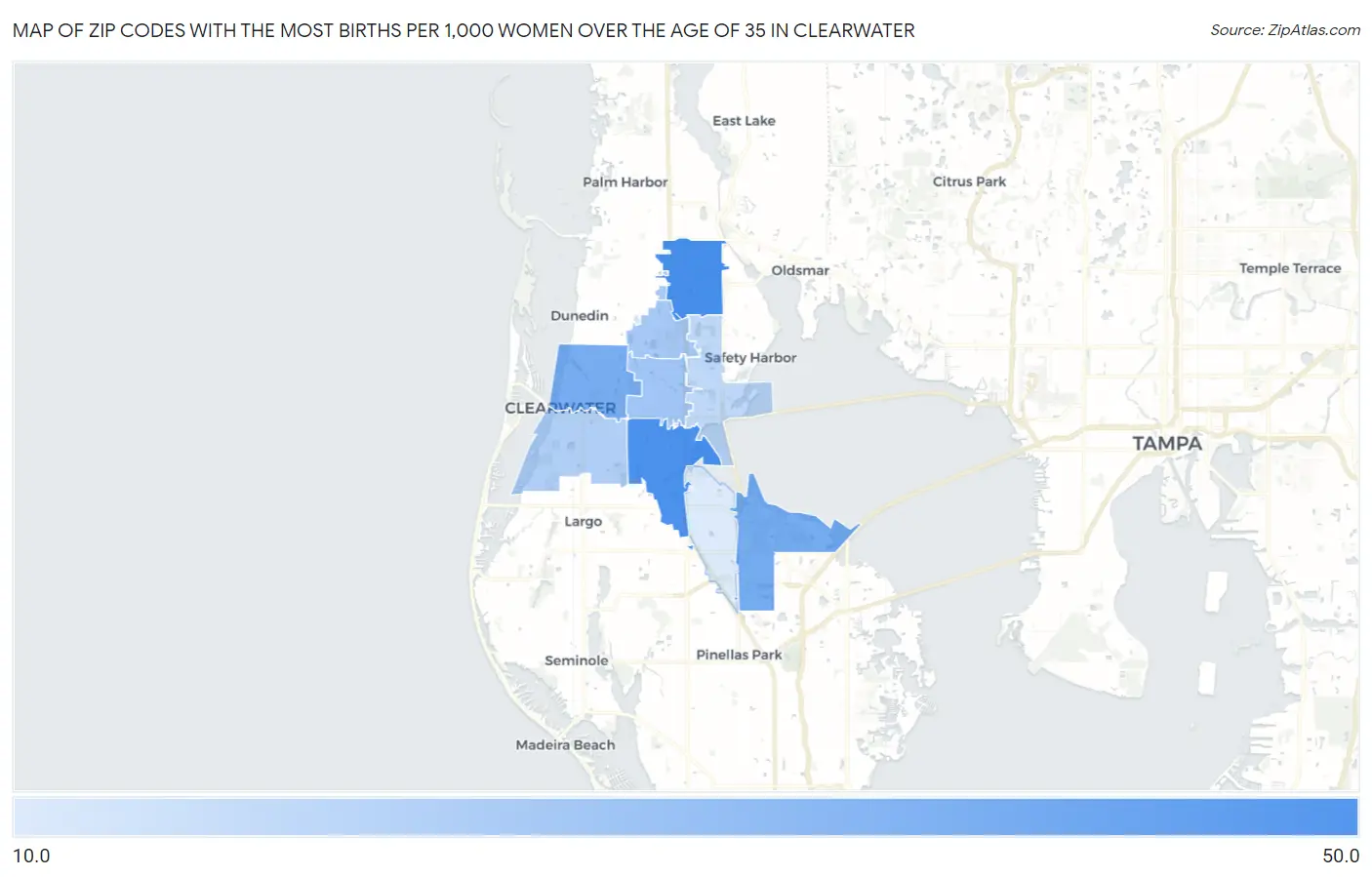 Zip Codes with the Most Births per 1,000 Women Over the Age of 35 in Clearwater Map