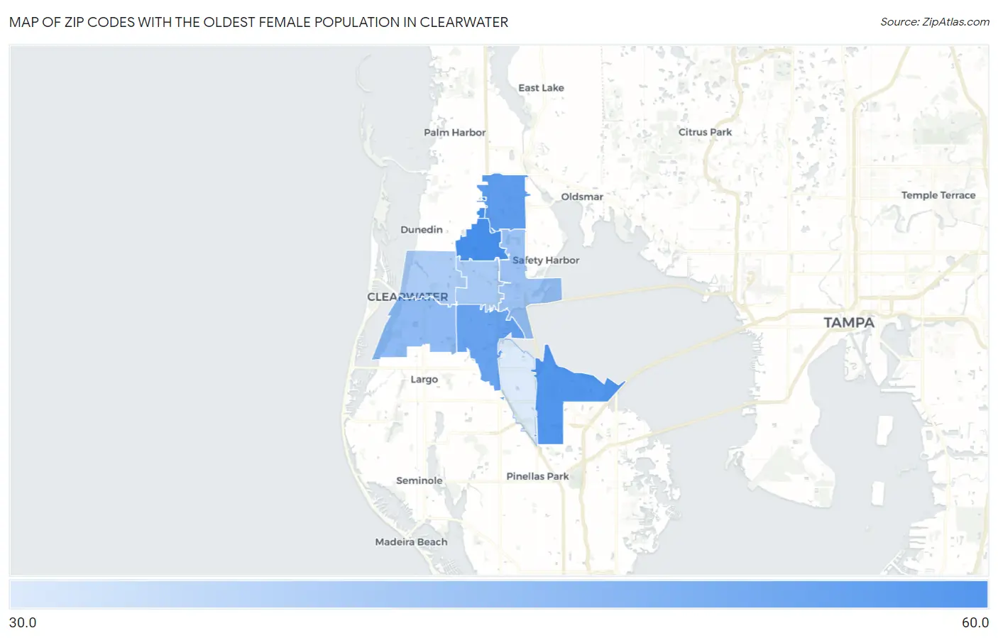 Zip Codes with the Oldest Female Population in Clearwater Map