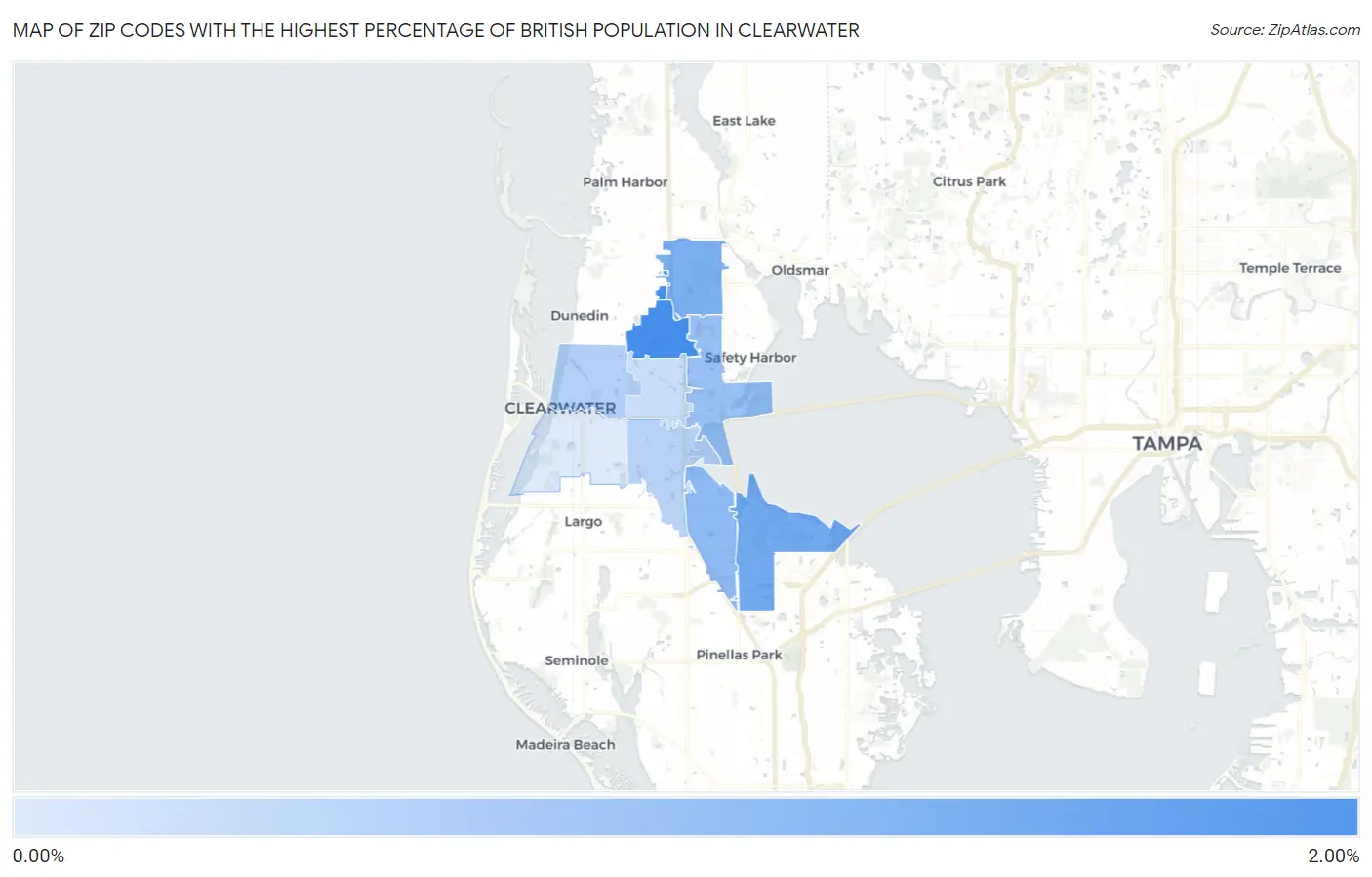Zip Codes with the Highest Percentage of British Population in Clearwater Map