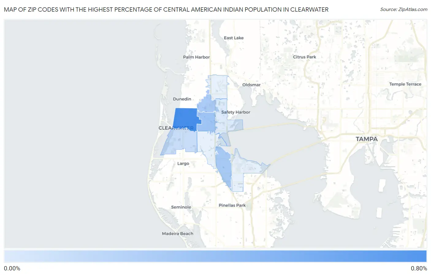 Zip Codes with the Highest Percentage of Central American Indian Population in Clearwater Map