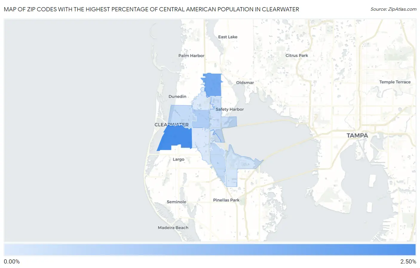 Zip Codes with the Highest Percentage of Central American Population in Clearwater Map