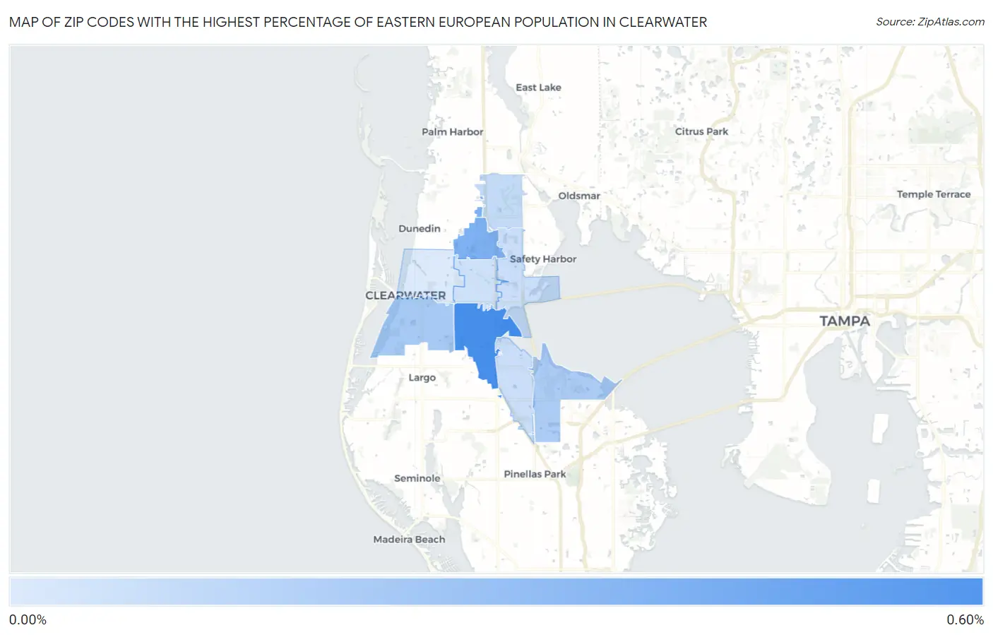 Zip Codes with the Highest Percentage of Eastern European Population in Clearwater Map