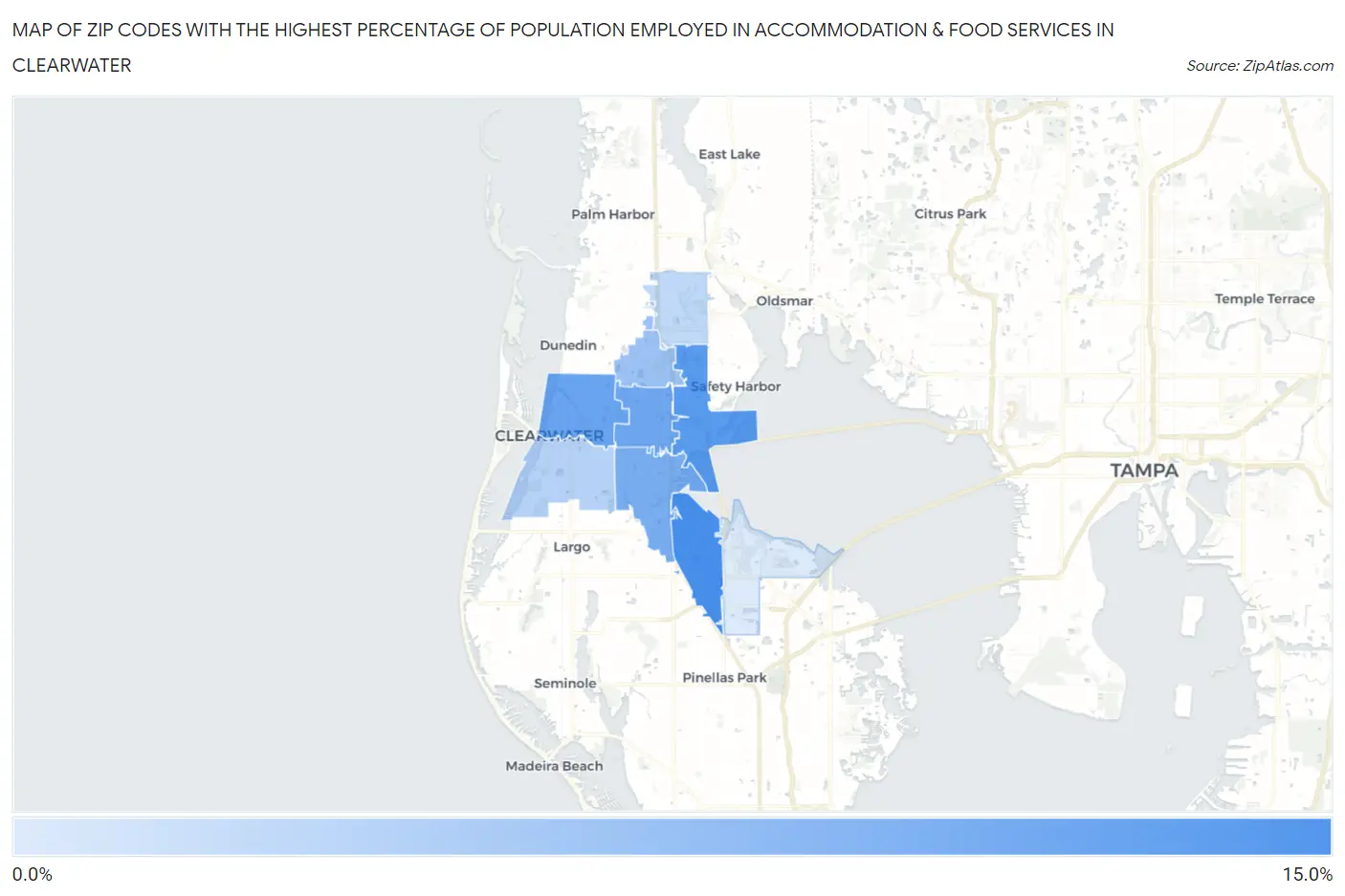 Zip Codes with the Highest Percentage of Population Employed in Accommodation & Food Services in Clearwater Map