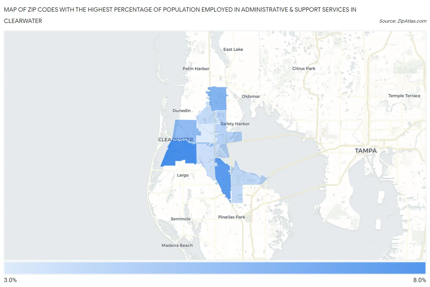 Zip Codes with the Highest Percentage of Population Employed in Administrative & Support Services in Clearwater Map
