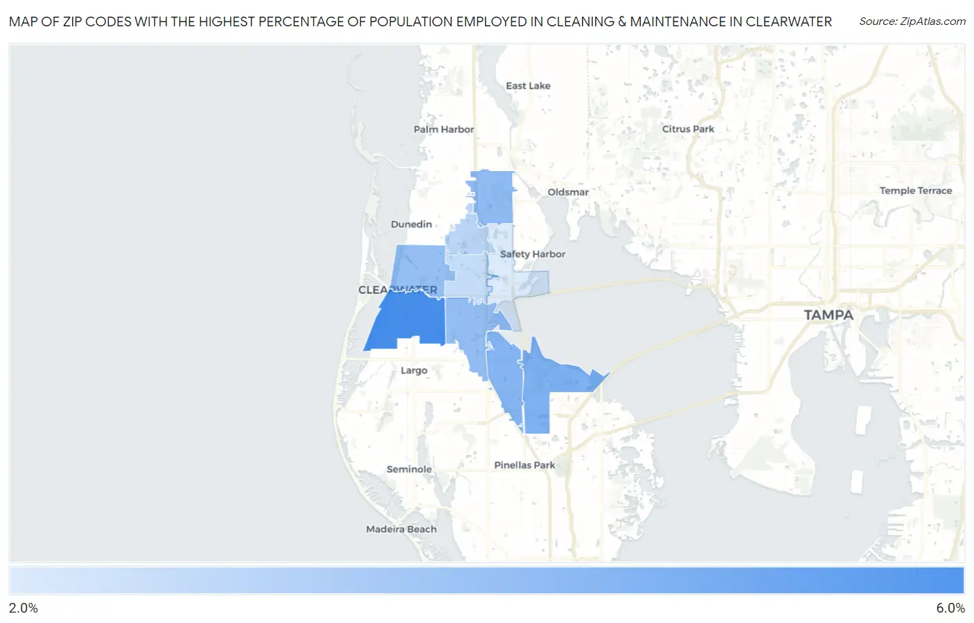 Zip Codes with the Highest Percentage of Population Employed in Cleaning & Maintenance in Clearwater Map